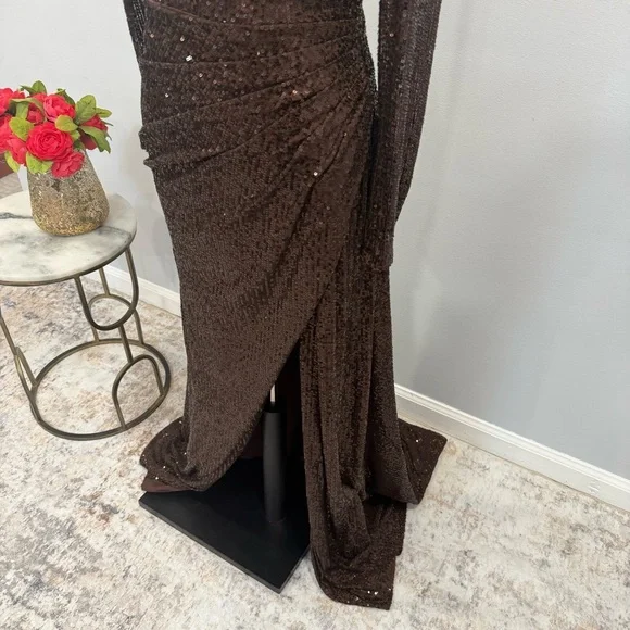 IEENA Mac Duggal Chocolate Brown Sequins Embellished Long Sleeve High Slit Gown